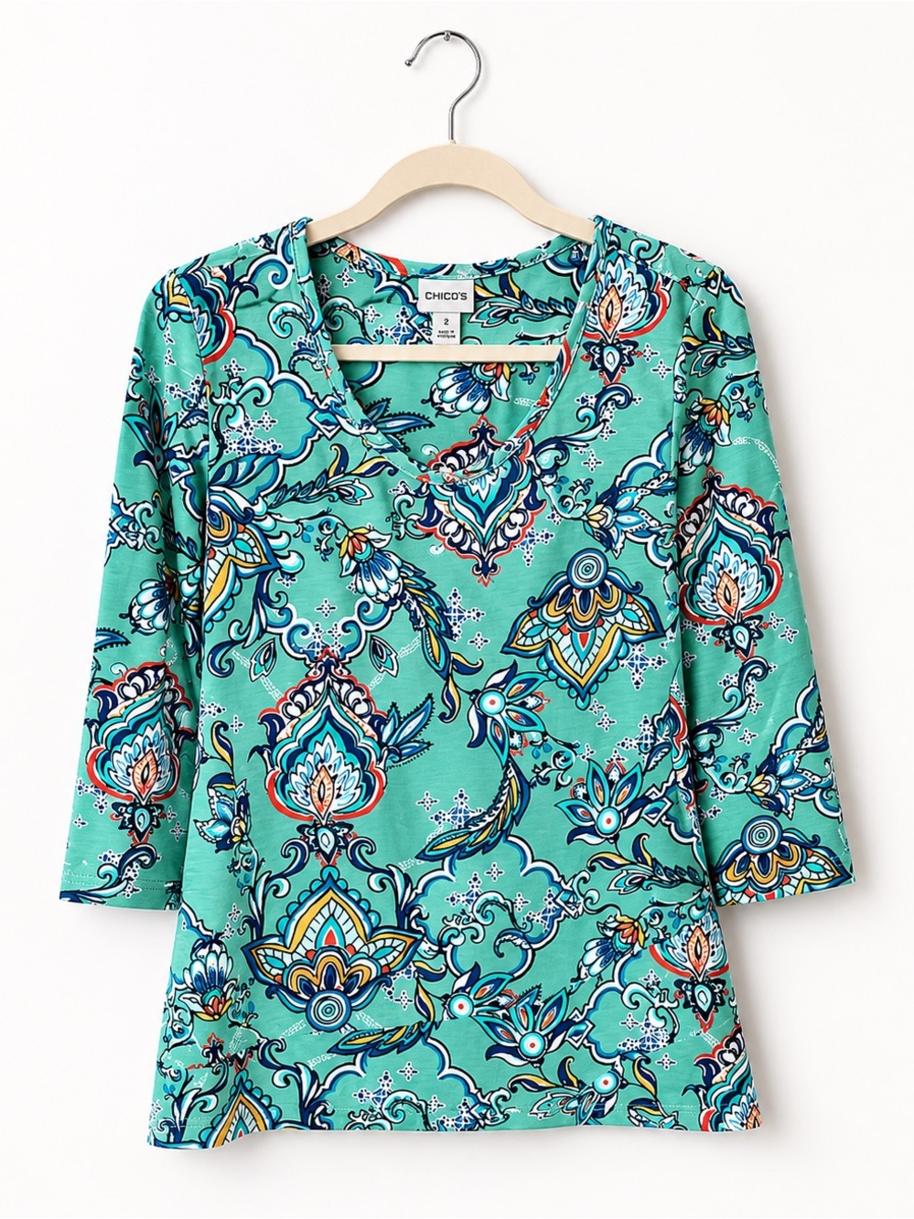 Chico's Teal Multicolor Paisley V-Neck Tunic
